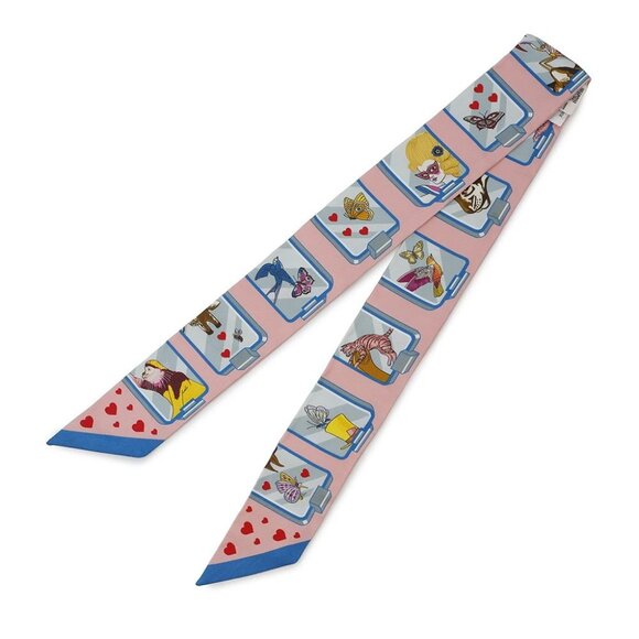 HERMES Twilly HERMES STORY Silk100% Rose/Blue/Jaune - Picture 2 of 7